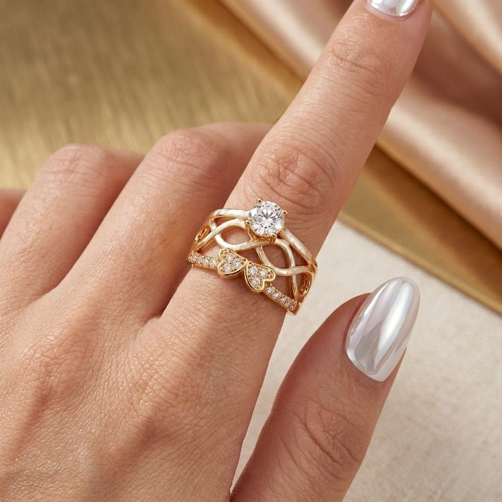 An elegant gold ring, gleaming with a unique interlocking design, featuring a sparkling round stone and adorned with hearts set with brilliant zircon stones. An exceptional piece that bestows upon you irresistible luxury and allure. Women's Rings (3)