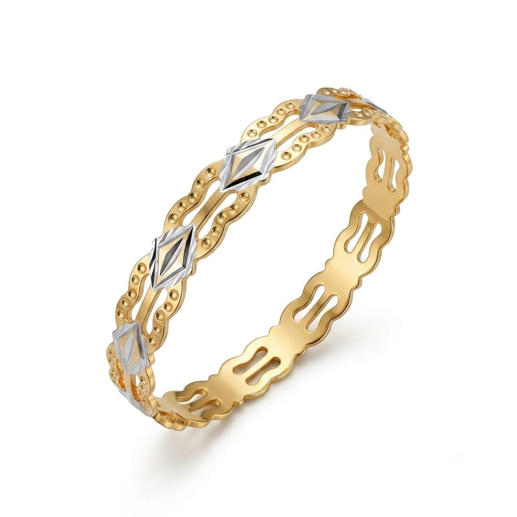 A luxurious bracelet in elegant gold, sparkling with wavy, openwork edges and attractive silver-colored geometric details that give you a charming and eye-catching modern look. Women's Bangles (2)