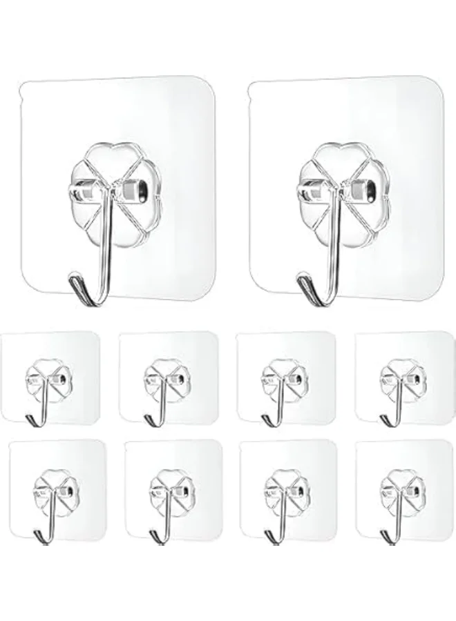 Heavy Duty Clear Adhesive Wall Hooks - Waterproof & Oil Proof - Multipurpose Hooks for Kitchen and Bathroom - 10 Per Pack