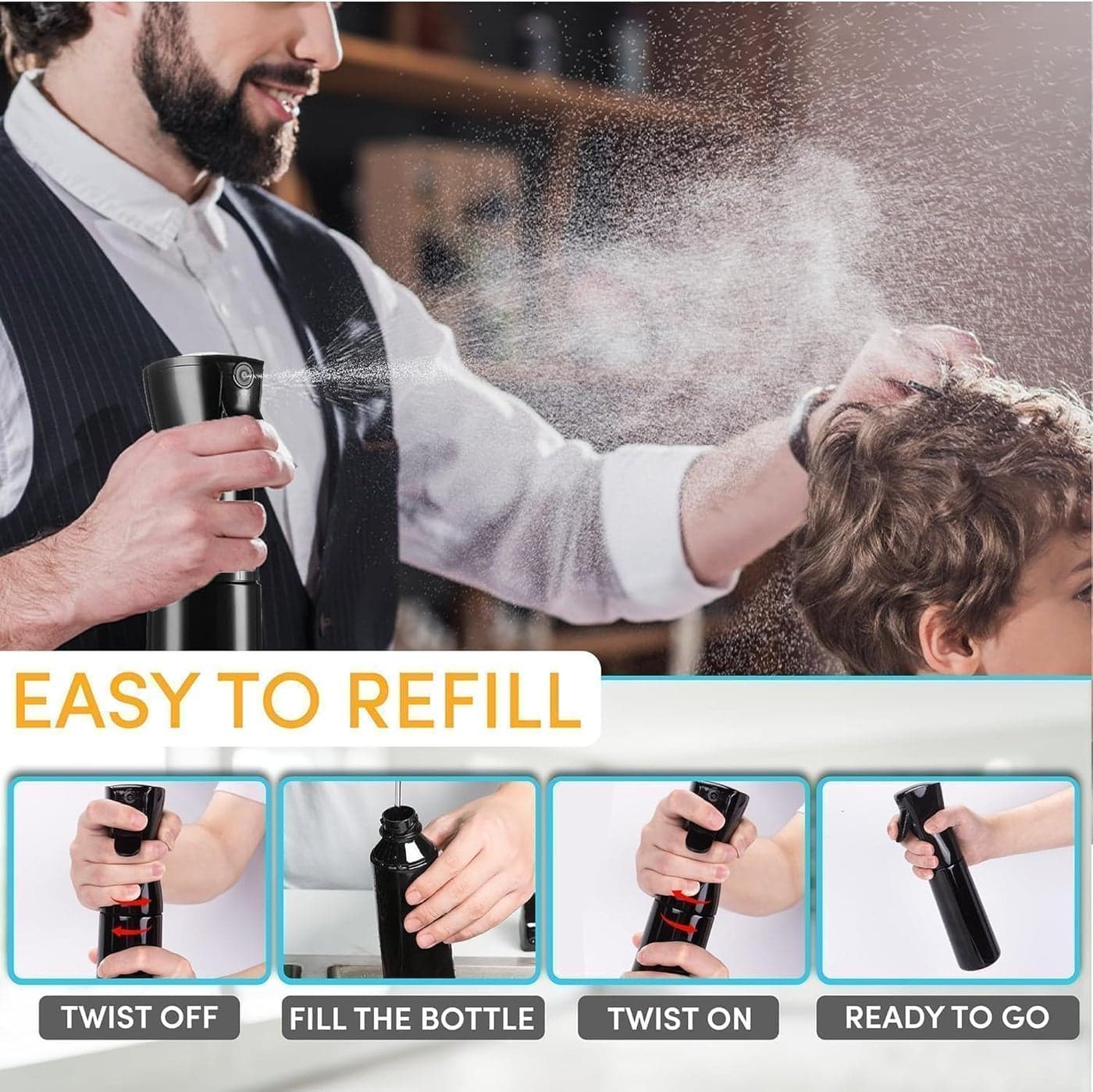 Continuous Mist for Hair 200ml, Refillable Plastic Water Sprayer with Fine Ev...