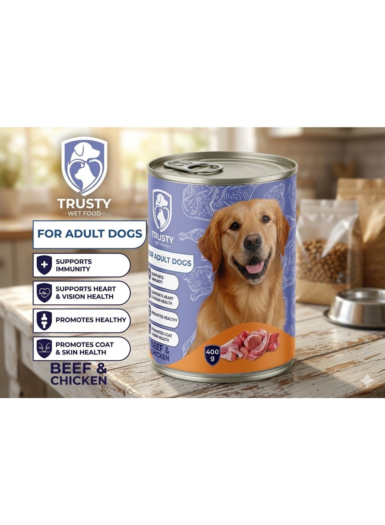 Trusty Cane – Wet Food for Adult Dogs | Natural Beef & Chicken 400g | Supports Immunity & Promotes Health Dog Wet & Canned Food (٩)