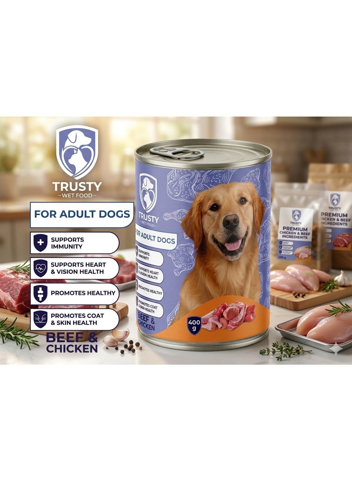 Trusty Cane – Wet Food for Adult Dogs | Natural Beef & Chicken 400g | Supports Immunity & Promotes Health Dog Wet & Canned Food (٨)
