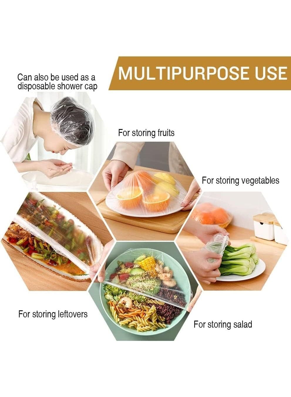 Highly Elastic Stretchable Plastic Food Covers – 100-Piece Set; fits round, square, and rectangular containers, and easily and securely covers watermelons and fruit. (١٠)
