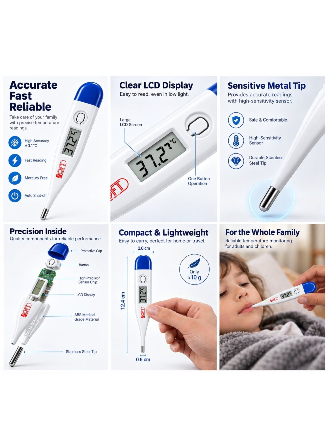 SOFT Medical T12L High-Precision Digital Clinical Thermometer with Fast Reading LCD Display, Beeper Alarm, Mercury-Free & Auto Shut-off with Protective Case Baby Health Care Products (8)