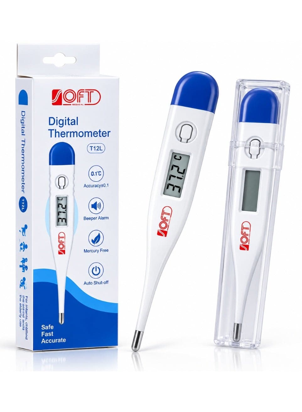SOFT Medical T12L High-Precision Digital Clinical Thermometer with Fast Reading LCD Display, Beeper Alarm, Mercury-Free & Auto Shut-off with Protective Case Baby Health Care Products (2)