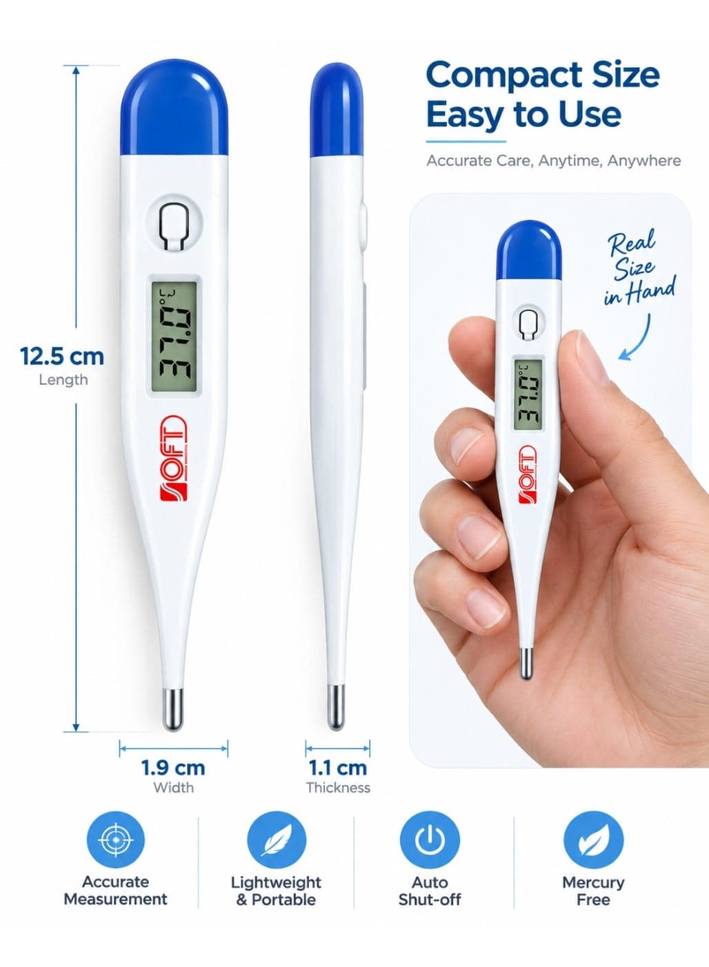 SOFT Medical T12L High-Precision Digital Clinical Thermometer with Fast Reading LCD Display, Beeper Alarm, Mercury-Free & Auto Shut-off with Protective Case Baby Health Care Products (7)