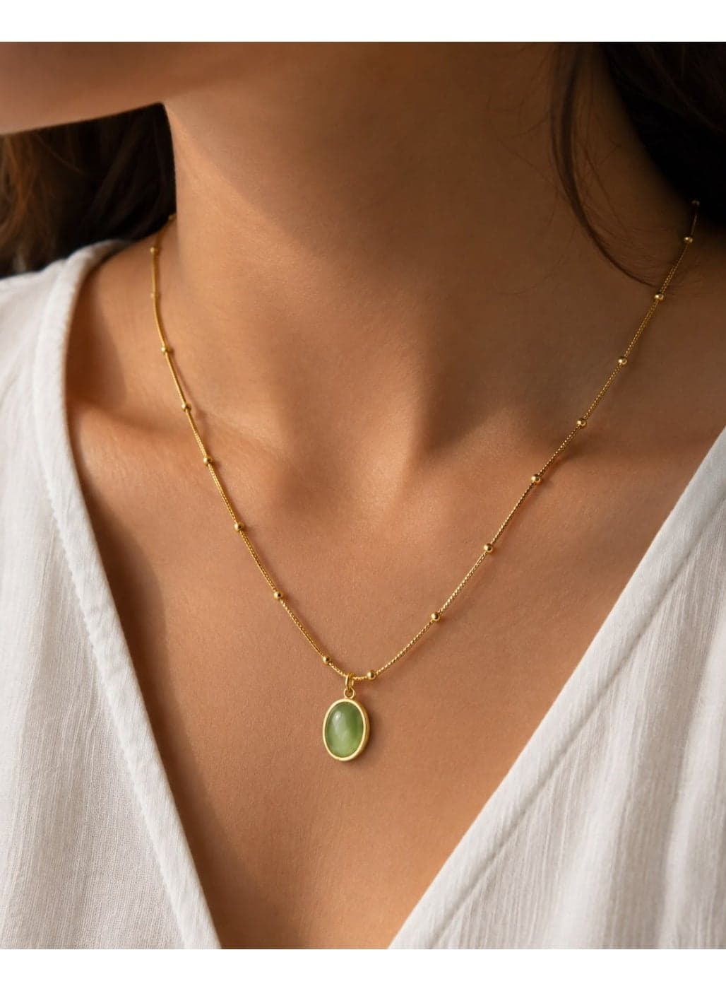 Gold Beaded Chain Necklace for Women with Oval Green Stone Pendant – Stainless Steel