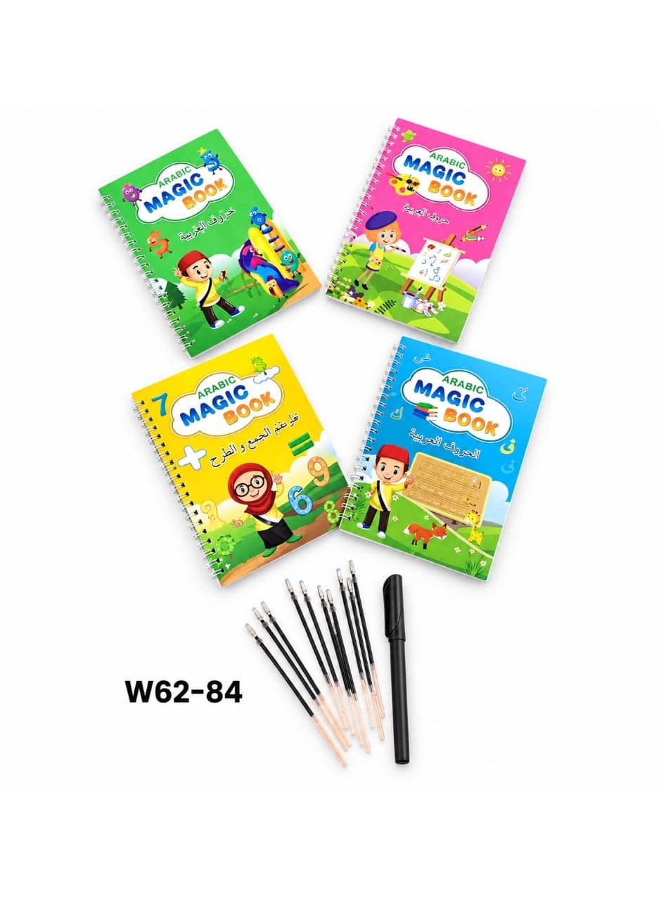 Educational Writing Books Set for Kids 4 Books for Learning Numbers Addition Subtraction Arabic and English Letters Drawing and Handwriting Practice with Magic Pen Reusable Erasable Ink Suitable for Children Ages 3+ Early Development Toys (٤)