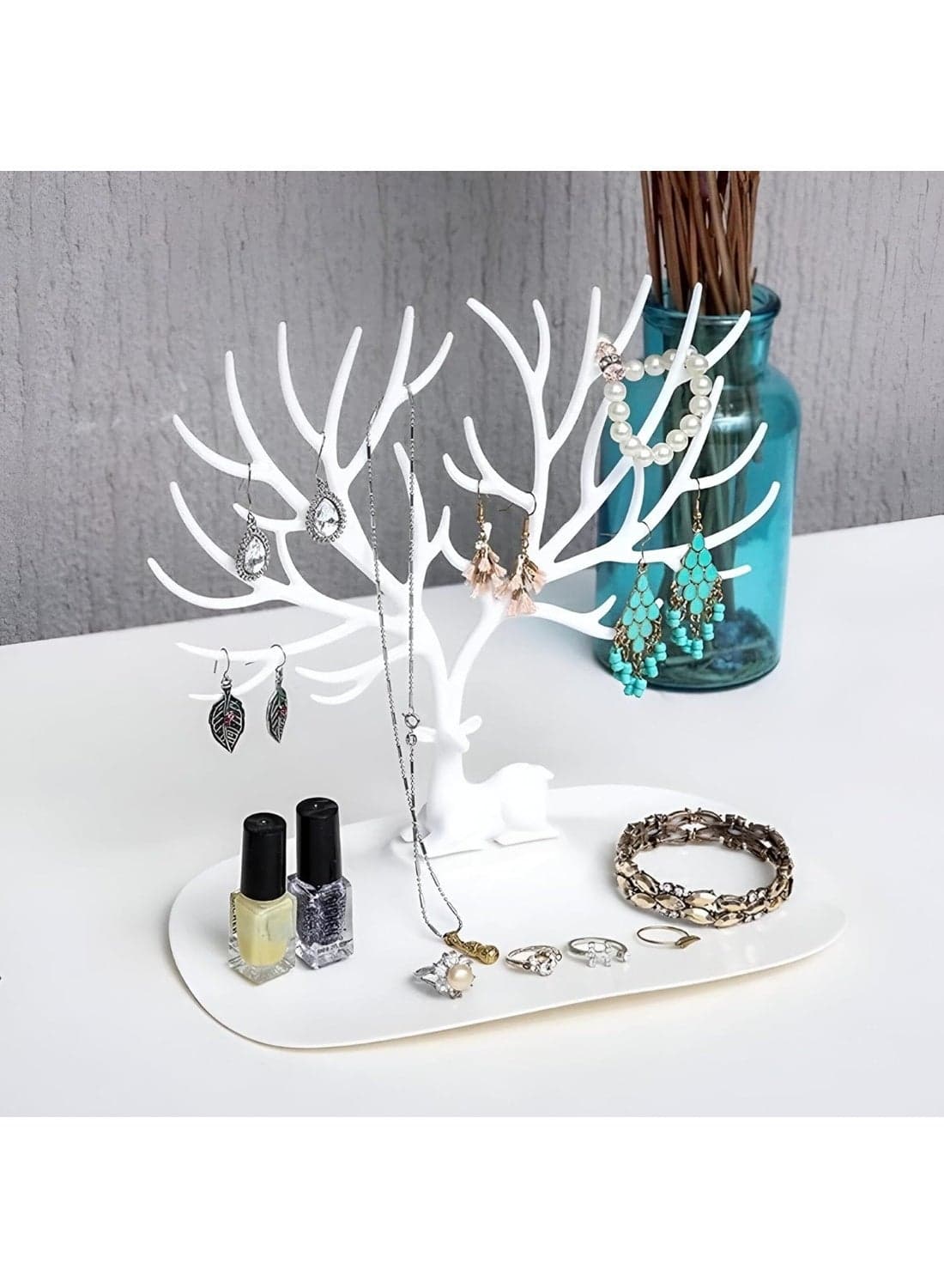 2-in-1 Deer Antler Jewelry Tree and Accessory Storage Tray - Creative Jewelry Holder for Ring Display and Earring Hanging - Modern Jewelry Tower for Necklaces and Bracelets - Perfect Gift for Women and Girls for Bedroom and Bathroom-White Girls' Jewellery (٣)
