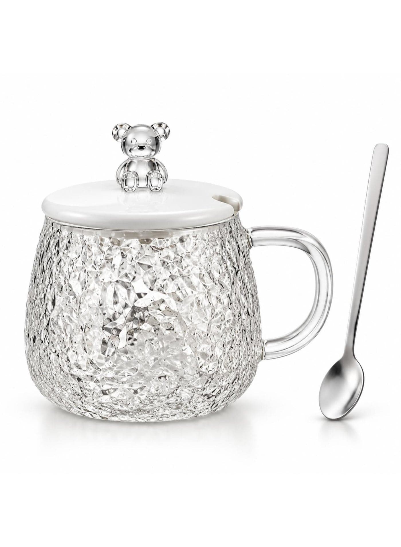 Glass Mug with Bear Lid and Spoon, Clear Handle Cup for Hot and Cold Drinks - Multicolor Teacups