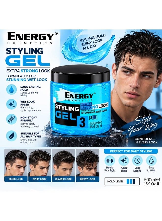 Energy Cosmetics No 3 Wet Look Styling Gel 500ml Creams, Gels & Lotions (2)