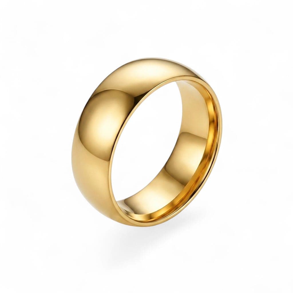 A classic wide unisex ring in gold, made of rust-resistant stainless steel, featuring a smooth surface and rounded curve, suitable for engagements or happy occasions! Women's Rings