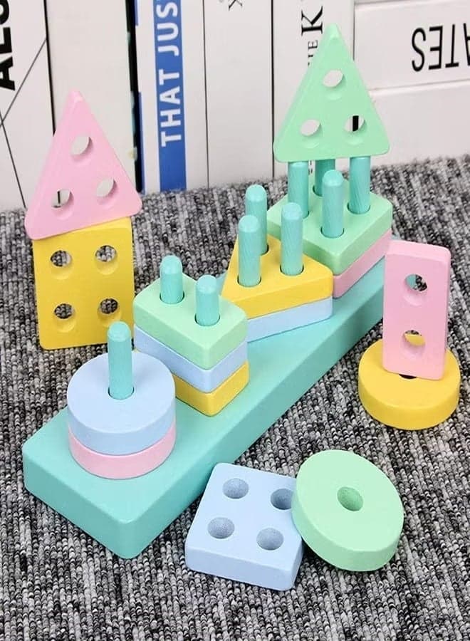 Wooden Rectangle Shape Sorting Stacking Blocks 4 Column - Preschool Educational Toy For Color And Shape Recognition, Developing Intelligence In Various Styles And Colours