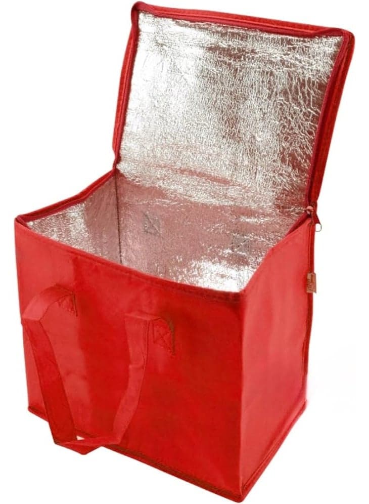 Large food and beverage storage bag lined with thermal foil for travel and trips, measuring 30 x 30 x 30 cm (red)