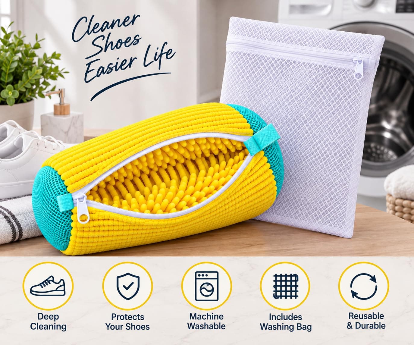 Shoe Washing Bag with Laundry Bag 30x40cm, Reusable, 2 Pieces, Yellow (٣)