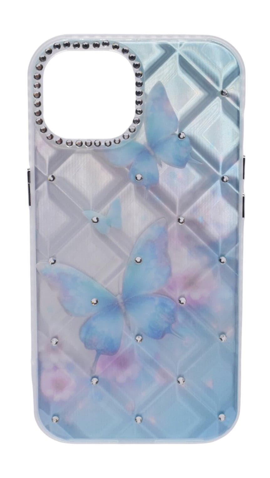 TPU Butterflies Printed Back Cover Case with Rhinestone Camera Border For iPhone 15 - Light Blue Transparent