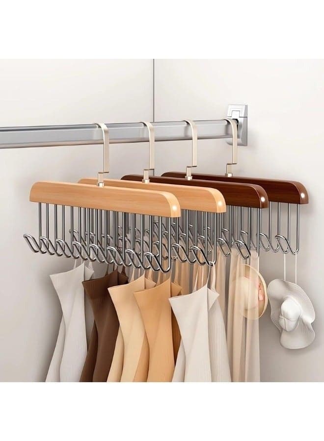 Multifunctional Wooden Clothes Hanger with 8 Stainless Steel Hooks, Tie Hanger, Wooden Belt Organizer for Scarves, Ties, Belts, Closet Organizer - Beige (3)
