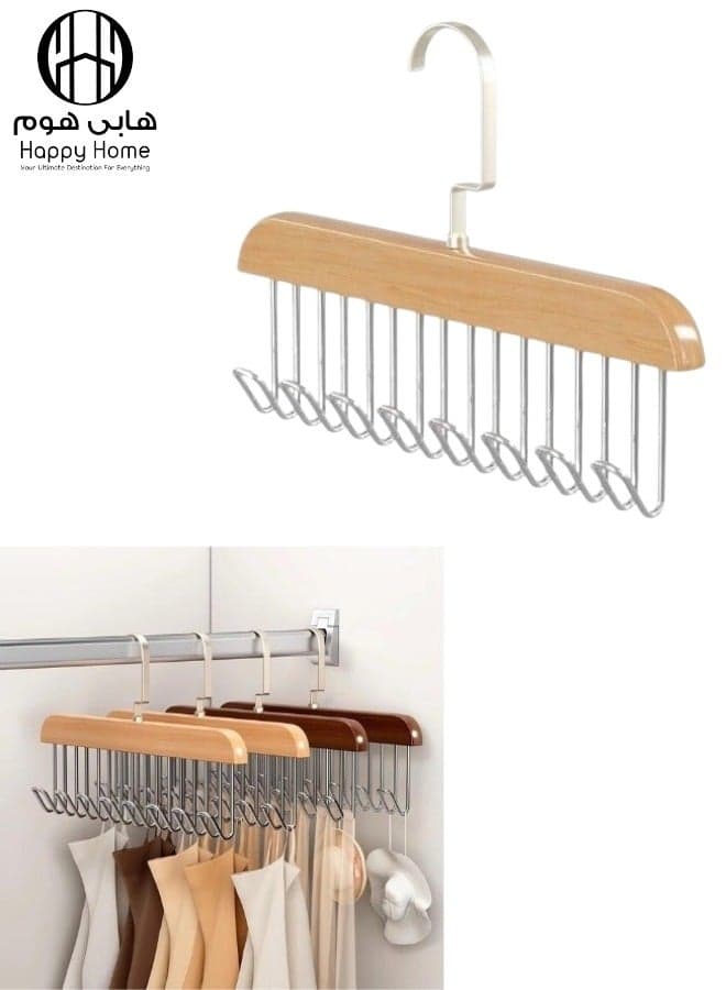 Multifunctional Wooden Clothes Hanger with 8 Stainless Steel Hooks, Tie Hanger, Wooden Belt Organizer for Scarves, Ties, Belts, Closet Organizer - Beige