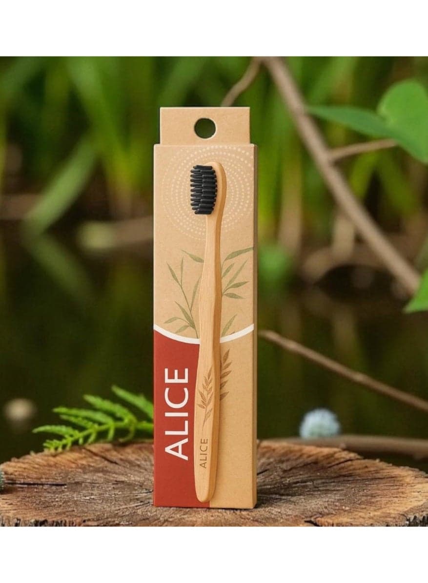 Alice 100% Natural Bamboo Toothbrush, Charcoal Bristles for Teeth Whitening, Beeswax Coated for Water Resistance. Manual Toothbrushes