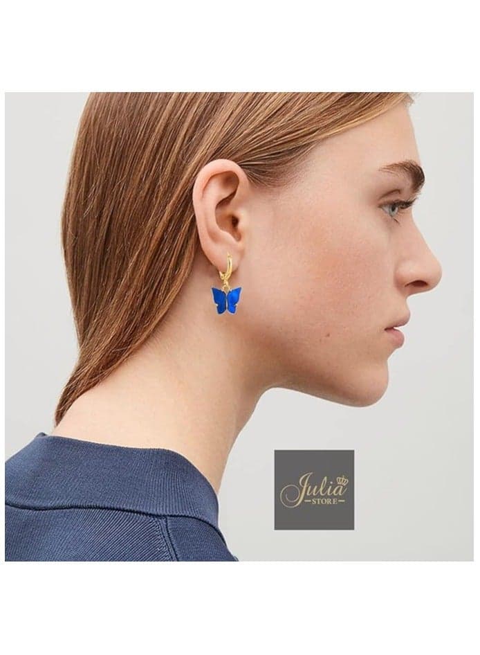 Boho Butterfly Drop Dangle Earrings Blue Butterfly Huggie Hoop Earrings Tiny Butterfly Earrings Gold Drop Earrings Jewelry for Women and Girls By Julia Store Women's Earrings Hoop (٣)