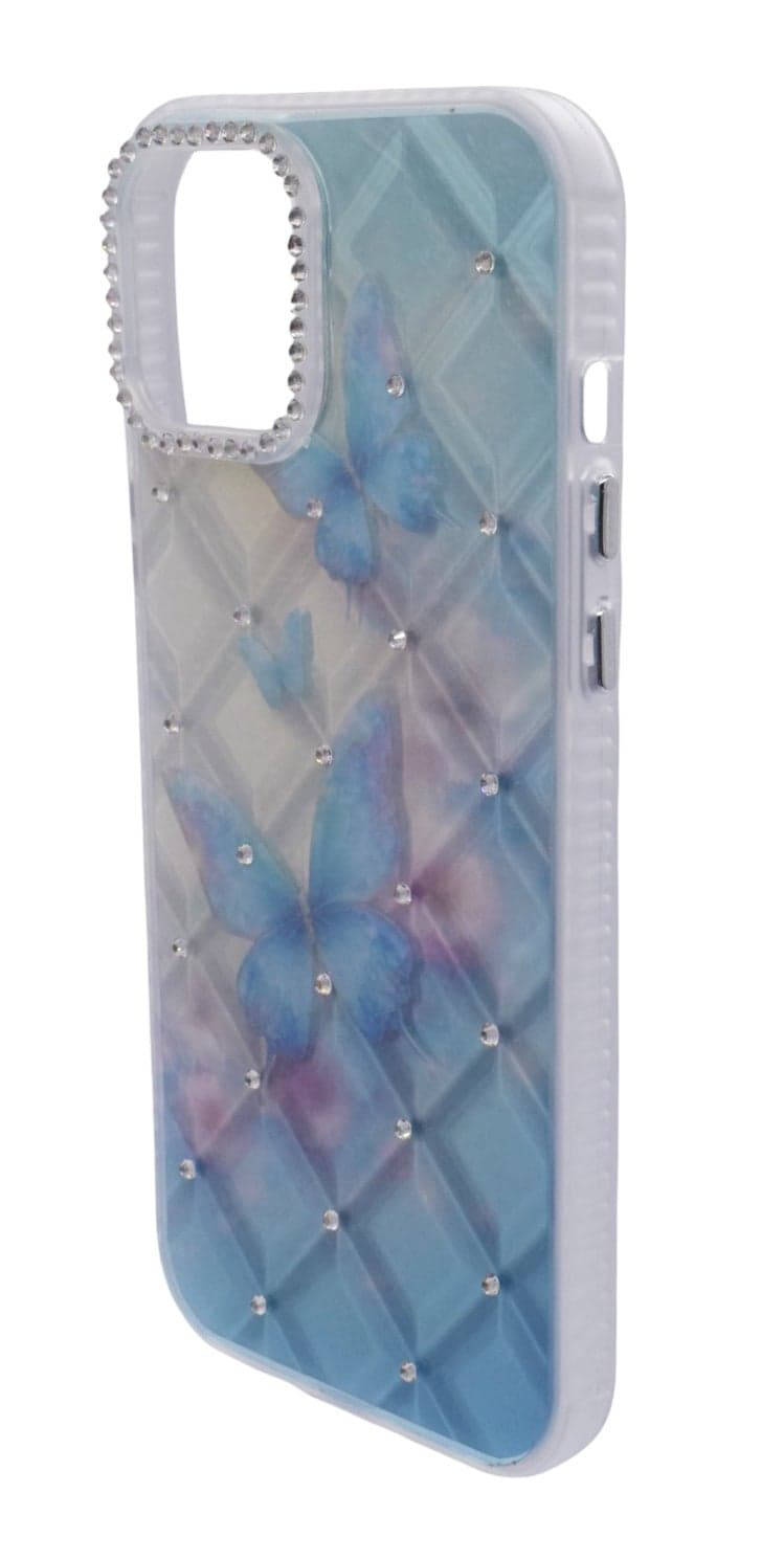 TPU Butterflies Printed Back Cover Case with Rhinestone Camera Border For iPhone 12 Pro Max - Light Blue Transparent (٣)