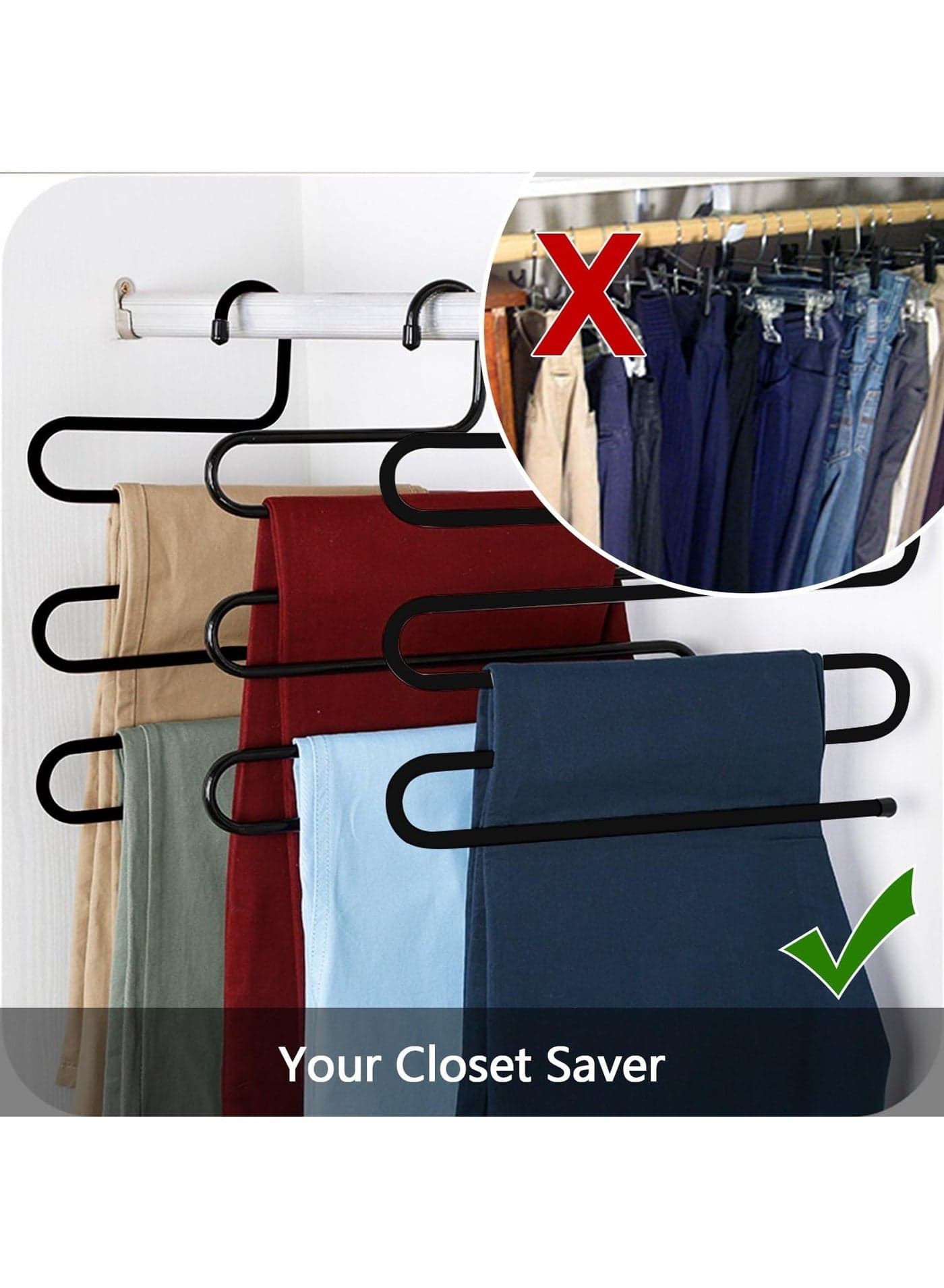 1 Piece S-Shaped 5-Tier Pants Hanger, Multi-Level Space Saving Clothes Organizer, Non-Slip Metal Hanger for Trousers, Jeans, Scarves and Towels, Compact Wardrobe Storage Solution for Bedroom Closet – Black (٥)