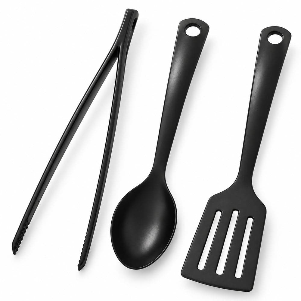 Kitchen Utensil Set 3 Piece with Spoon Slotted Turner and Tongs Black - 2559 Cooking Utensil Sets (4)