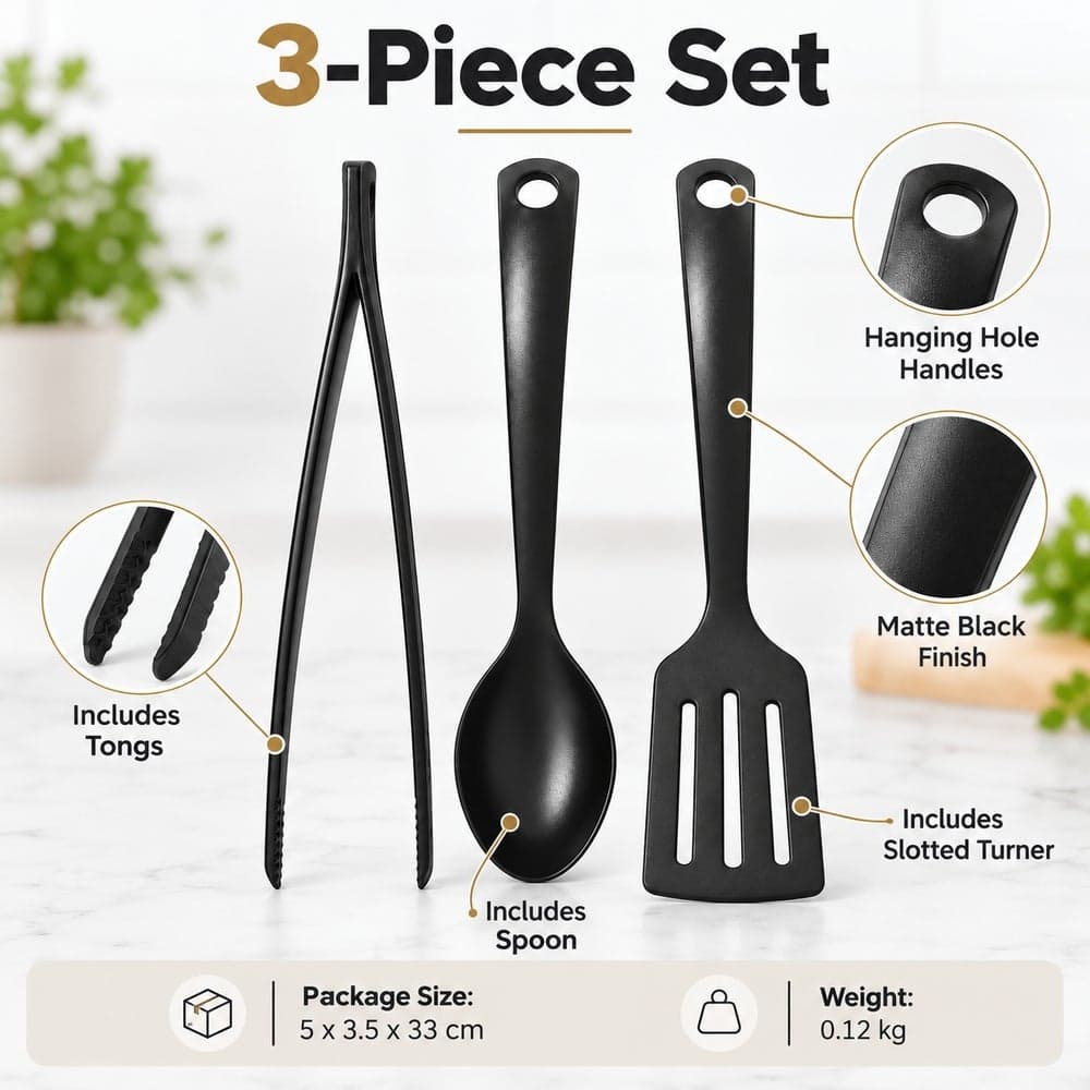 Kitchen Utensil Set 3 Piece with Spoon Slotted Turner and Tongs Black - 2559 Cooking Utensil Sets (3)