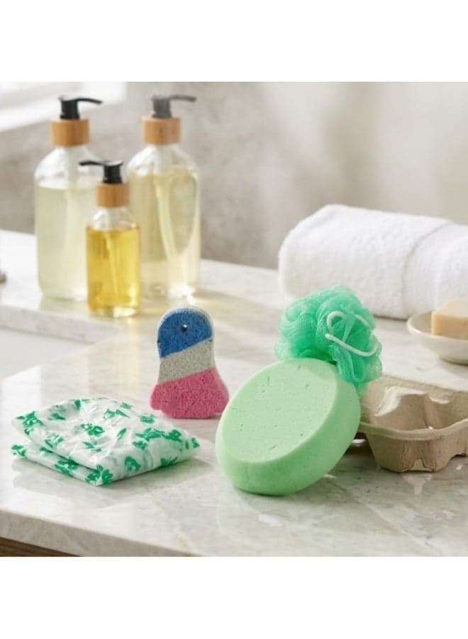 Complete bath set for skincare and cleansing - 4-in-1 bath tool set including a mesh loofah, soft sponge, pumice stone for exfoliating dead skin, and waterproof hair bonnet - exfoliating, personal hygiene, and relaxation tools Loofahs, Sponges & Poufs
