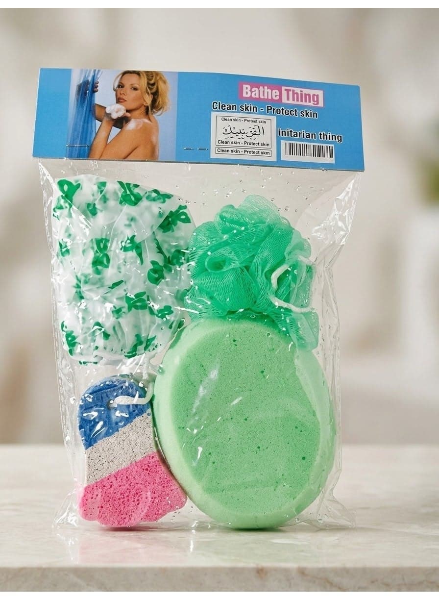 Complete bath set for skincare and cleansing - 4-in-1 bath tool set including a mesh loofah, soft sponge, pumice stone for exfoliating dead skin, and waterproof hair bonnet - exfoliating, personal hygiene, and relaxation tools Loofahs, Sponges & Poufs (2)