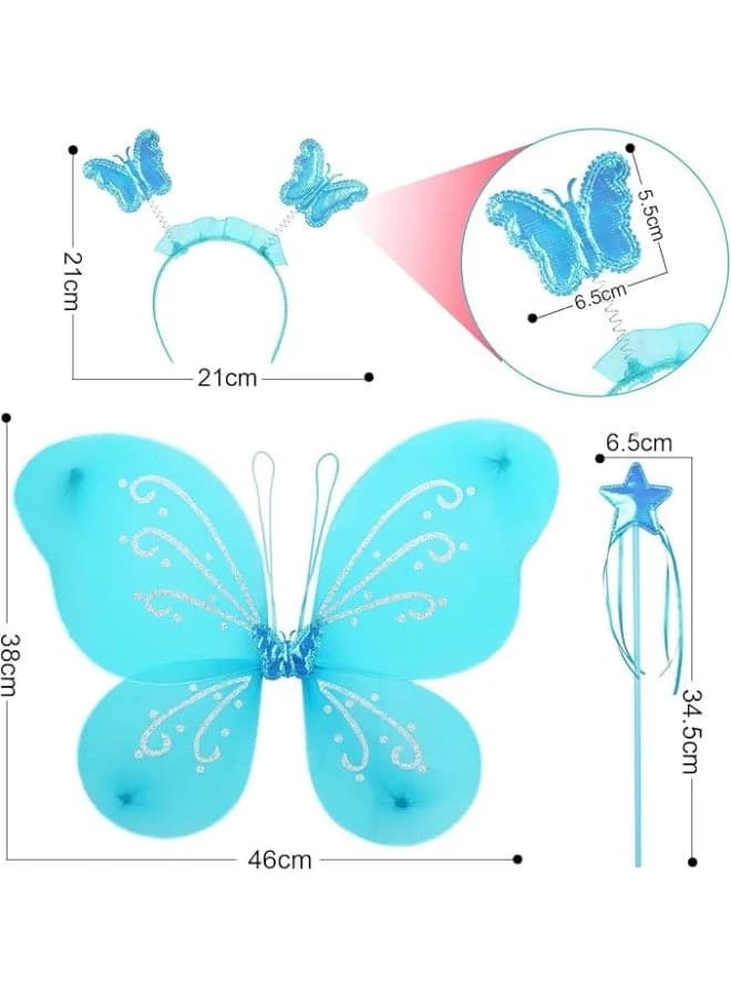 Butterfly Fairy Angel Wing, Wand And Headband Set,Costume For Girls Kids Angel For Butterfly Wings- Set Of 3,Satin (blue) Basic & Life Skills Toys (٣)