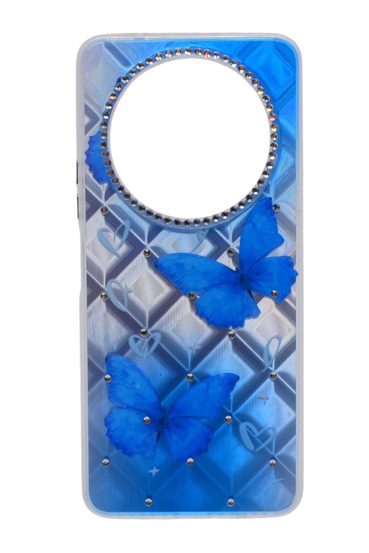 TPU Butterflies Printed Back Cover Case with Rhinestone Camera Border For Xiaomi Redmi A3x - Blue Transparent