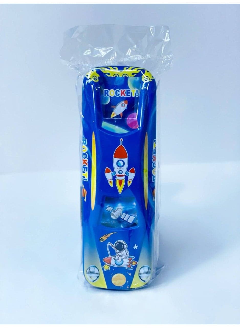 pencil case featuring embossed, colorful designs. It is a two-tier case made of metal. Dimensions: 7 x 21 cm.