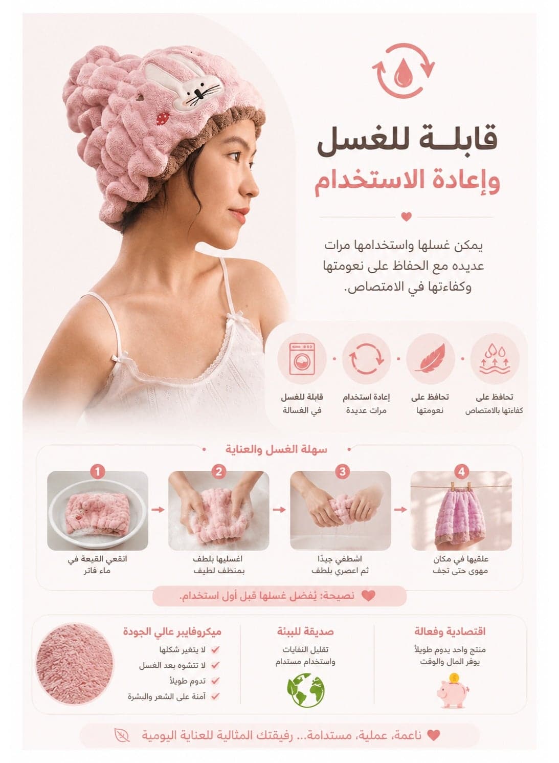 Cute Bunny Microfiber Hair Drying Cap 32 × 24 cm – Ultra Absorbent Soft Hair Towel Wrap 100g, Quick Dry Hair Turban for Long, Short & Curly Hair, Reduces Frizz, Ideal for Bath, Spa, Travel & Daily Hair Care Hair Bonnets (٤)