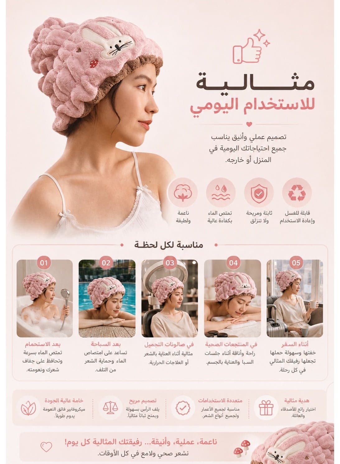 Cute Bunny Microfiber Hair Drying Cap 32 × 24 cm – Ultra Absorbent Soft Hair Towel Wrap 100g, Quick Dry Hair Turban for Long, Short & Curly Hair, Reduces Frizz, Ideal for Bath, Spa, Travel & Daily Hair Care Hair Bonnets (٥)