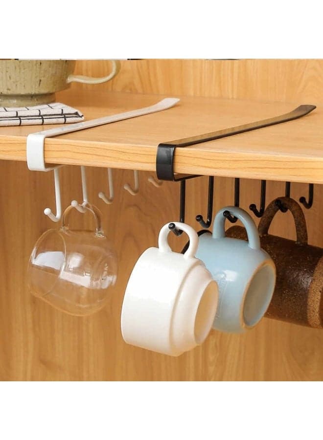 Cup holder that attaches to the bottom of a shelf or kitchen cabinet, containing 6 hooks and a main organizer holder - 2 pieces (black color) (7)