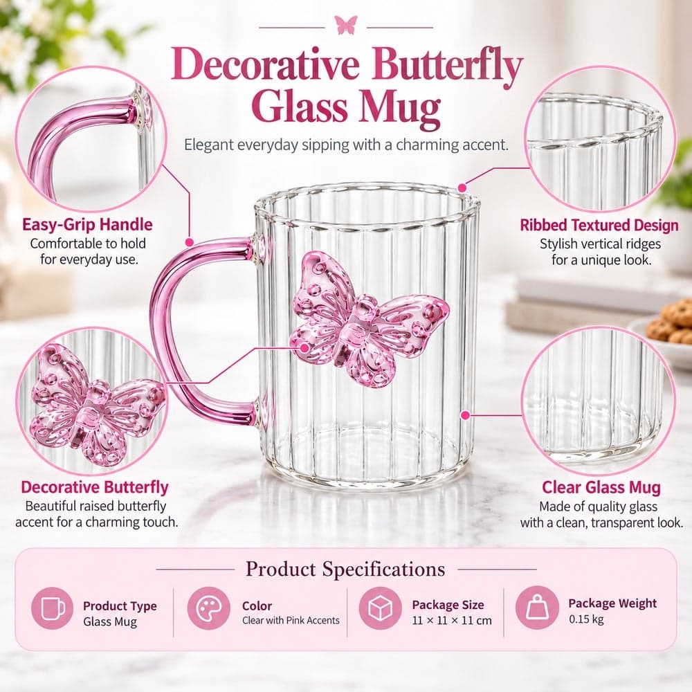 Transparent Ribbed Glass Mug with Handle and Pink Butterfly - 41-35 (4)