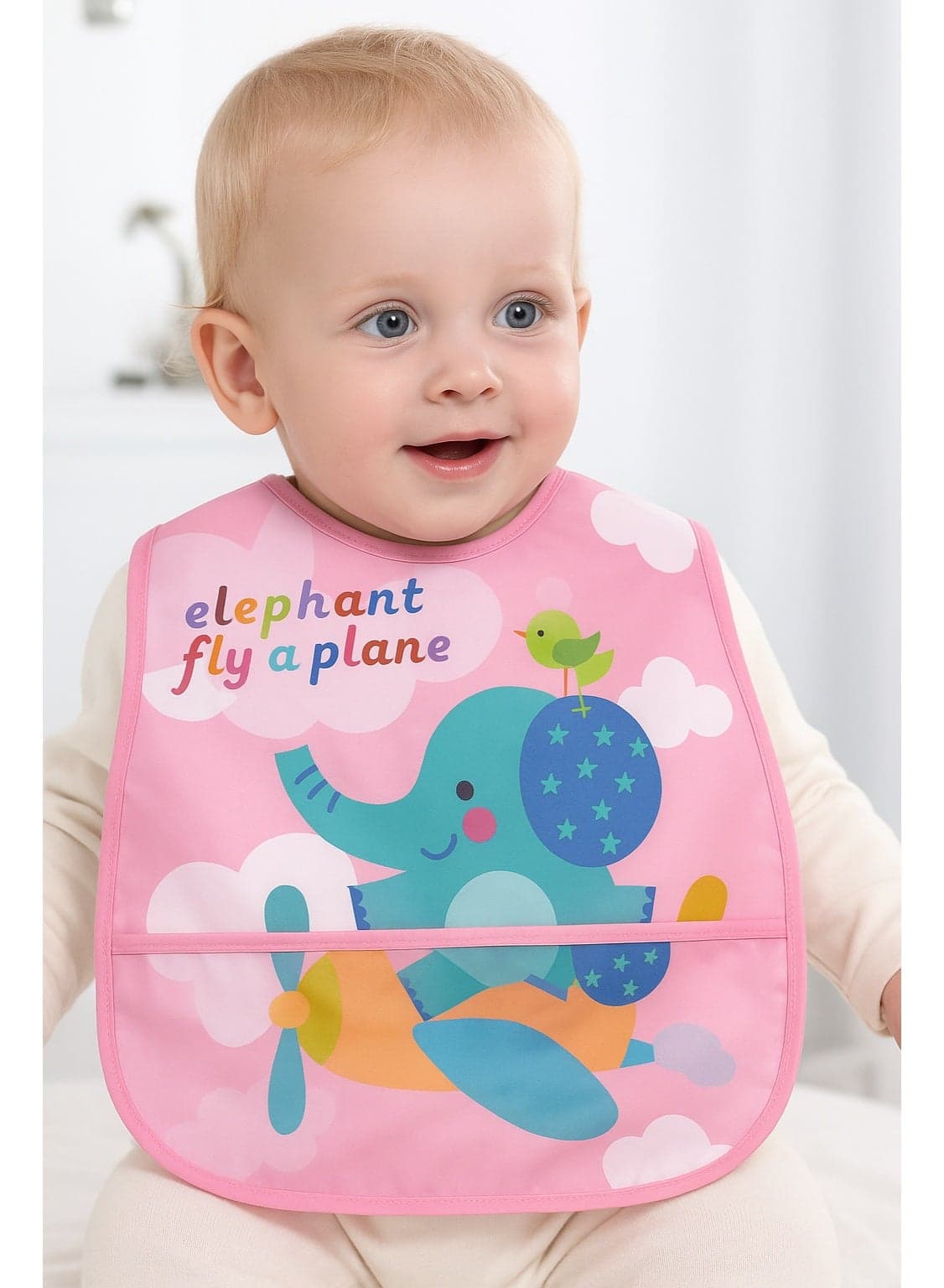 Baby Waterproof Bib with Elephant and Airplane Print