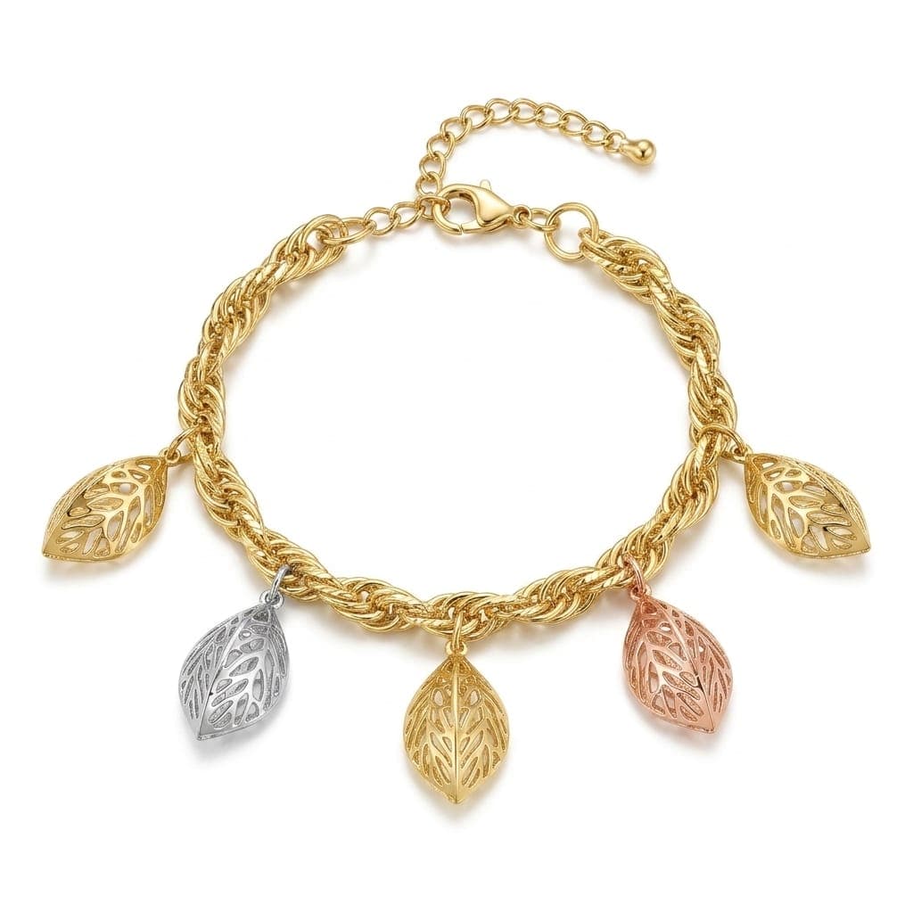 An elegant gold bracelet, with a braided chain adorned with 5 hollow leaf pendants in three attractive colors (gold, silver, rose gold) with an adjustable clasp to suit you. Women's Bracelets & Bangles