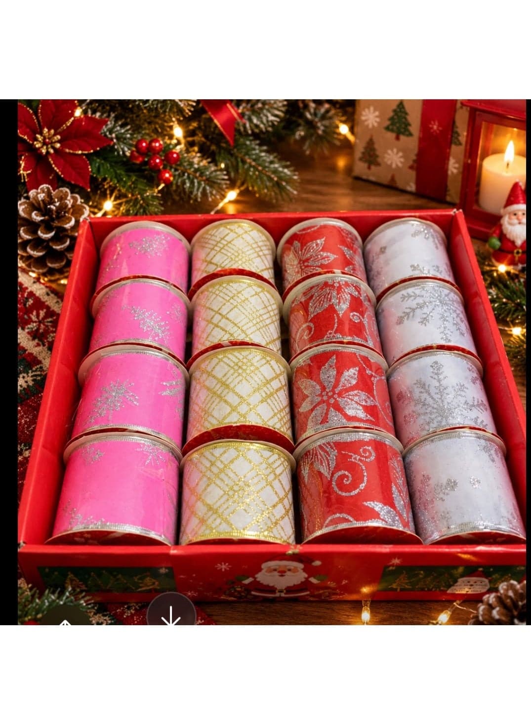 Christmas gift wrapping ribbon; a single roll of satin ribbon suitable for craft projects, DIY, decoration, and gift wrapping. Gift Wrap Ribbons