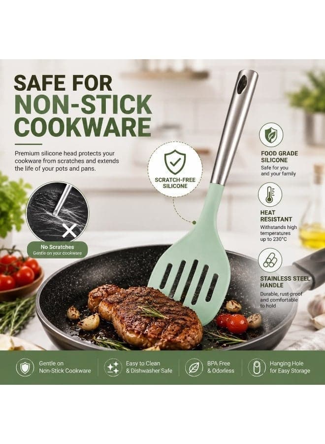 Heat Resistant Silicone Slotted Turner with Stainless Steel Handle – Non-Scratch Cooking Spatula (٣)
