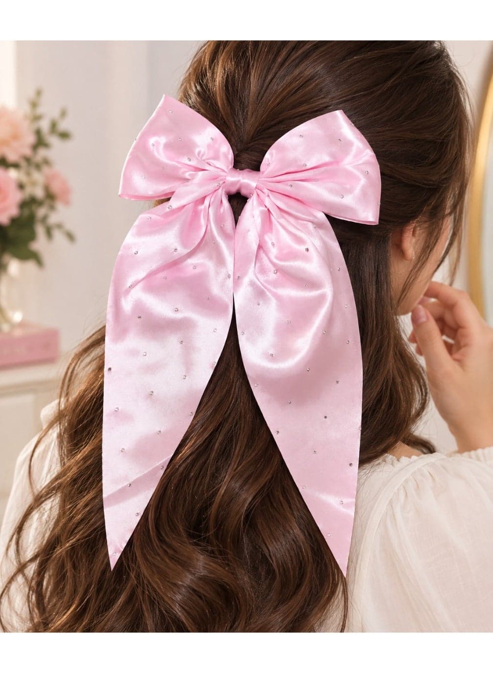 Satin Bow Hair Claw Clip with Rhinestone Decoration – Elegant Hair Accessory for Women & Girls