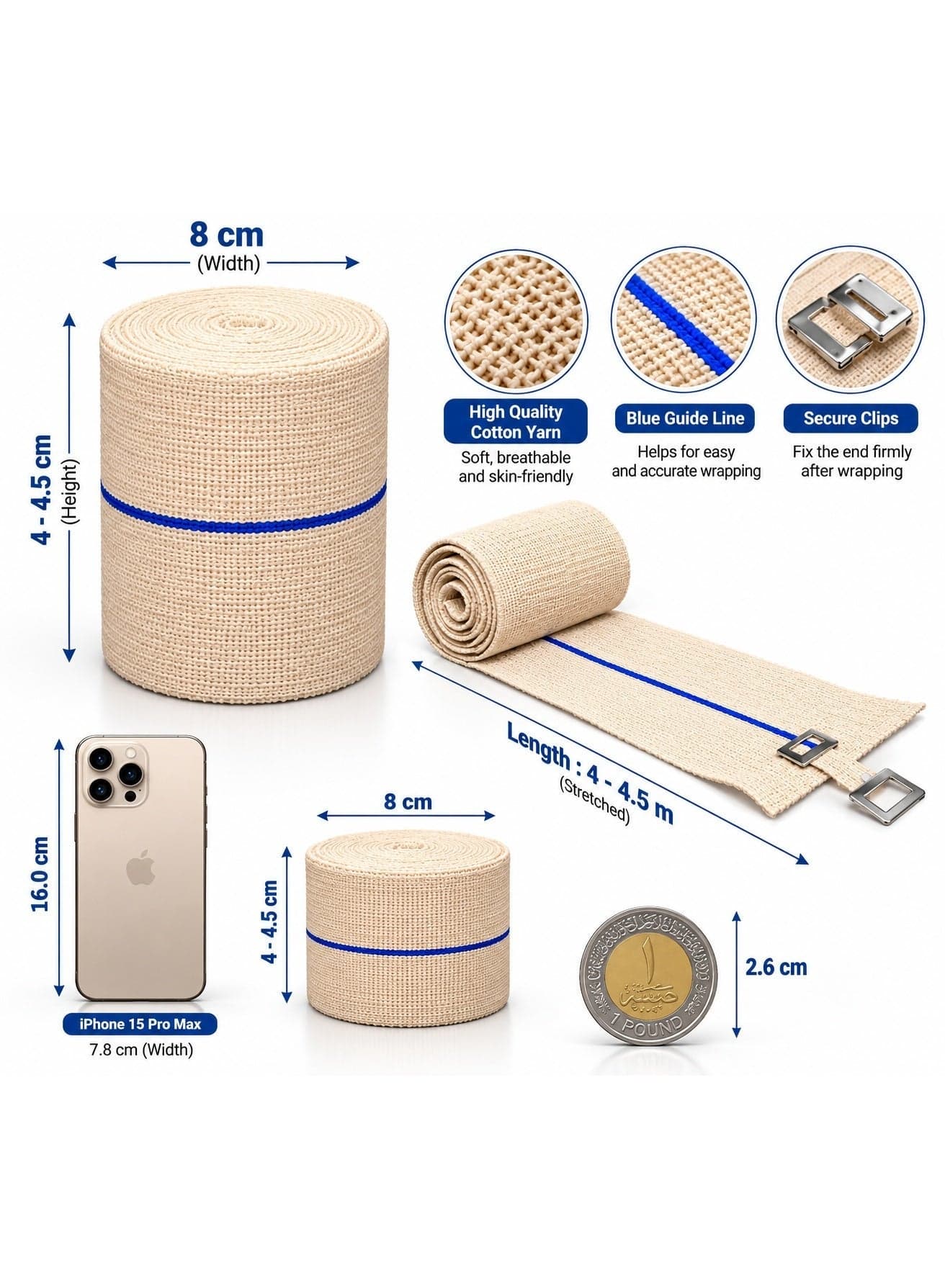 APEX MED LAB Blue Line Elastic Medical Bandage with Metal Clips for Muscle & Joint Support (8 cm Width - Stretched Length 4-4.5 m) Bandages & Gauze