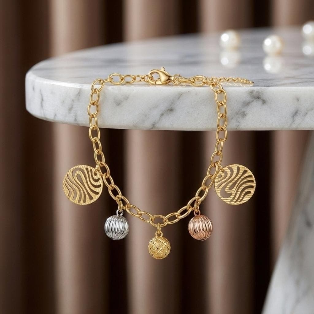 An elegant gold bracelet featuring hollow geometric pendants and decorative balls in three attractive colors (gold, silver and rose) that gives you exceptional luxury, with an adjustable clasp to suit you. Women's Bracelets & Bangles (6)