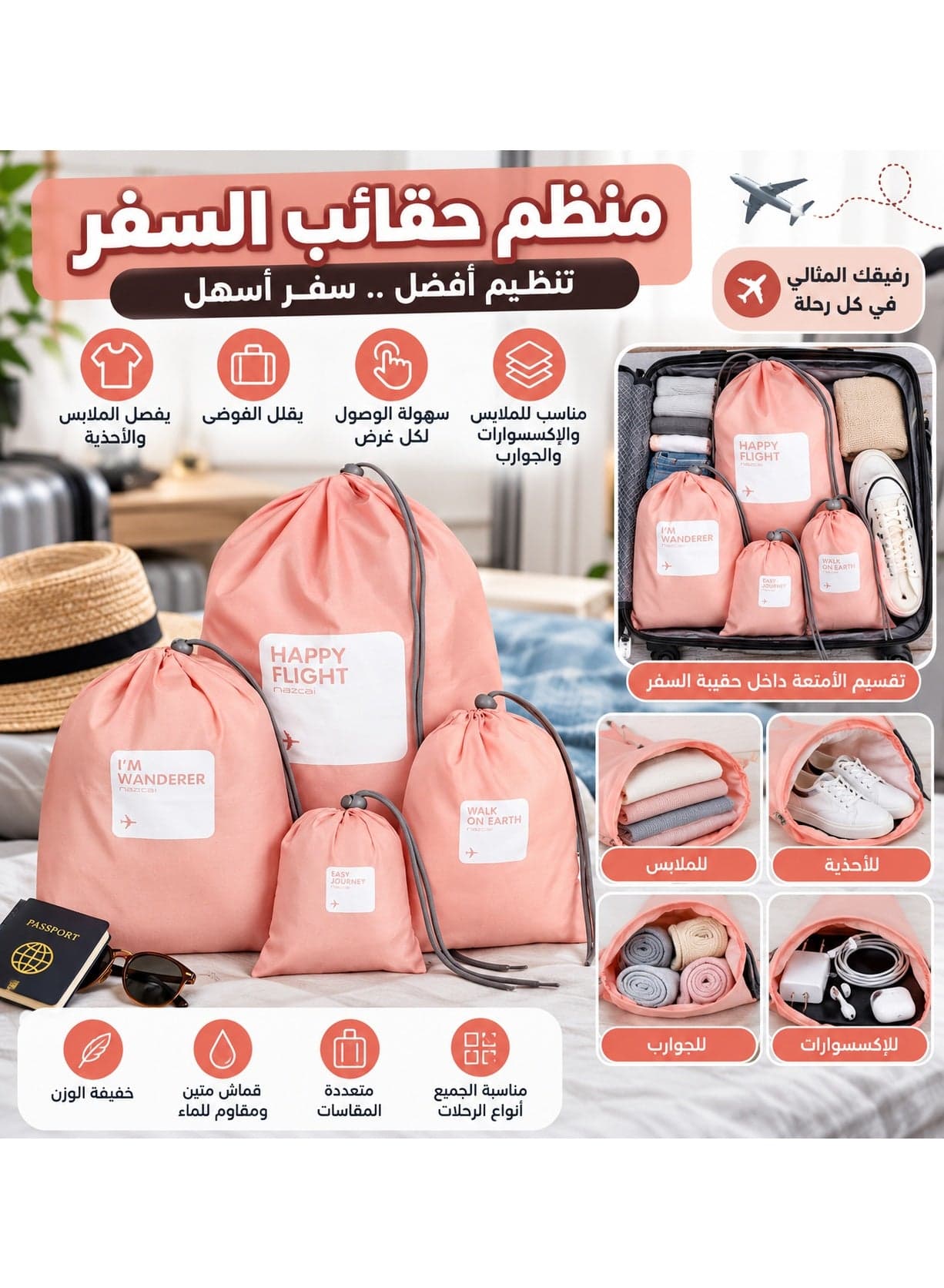 4-Piece Nylon Travel Organizer Bag Set, Sizes 43.2 x 30.5 cm, 30.5 x 22.9 cm, 22.9 x 15.2 cm and 14.2 x 10.2 cm, Lightweight Water-Resistant Drawstring Pouches for Clothes, Shoes, Socks, Underwear, Accessories, Makeup and Toiletries, for Suitcases, Backpacks, Drawers, Closets, Home and Travel, Pink (5)