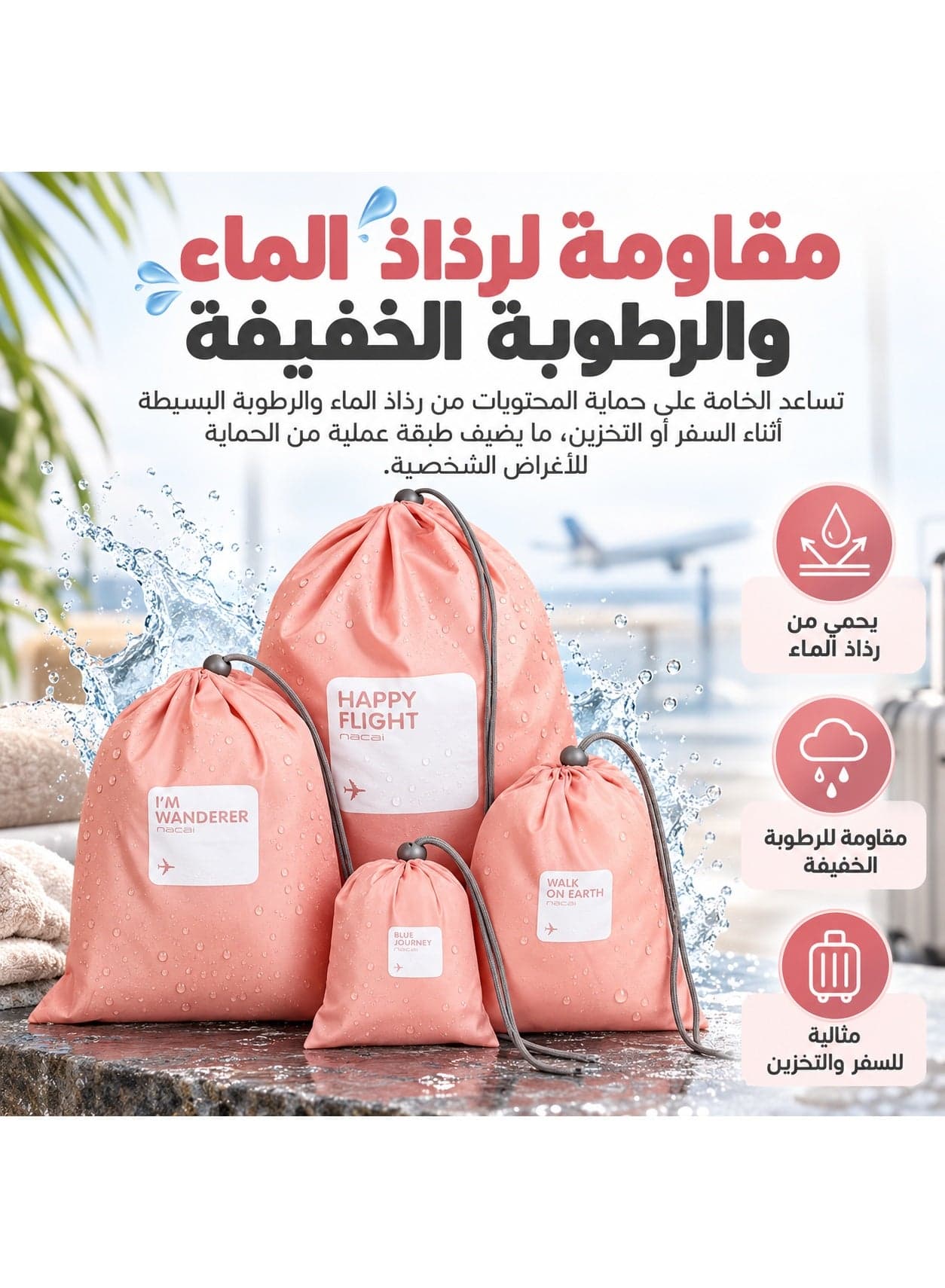 4-Piece Nylon Travel Organizer Bag Set, Sizes 43.2 x 30.5 cm, 30.5 x 22.9 cm, 22.9 x 15.2 cm and 14.2 x 10.2 cm, Lightweight Water-Resistant Drawstring Pouches for Clothes, Shoes, Socks, Underwear, Accessories, Makeup and Toiletries, for Suitcases, Backpacks, Drawers, Closets, Home and Travel, Pink (3)