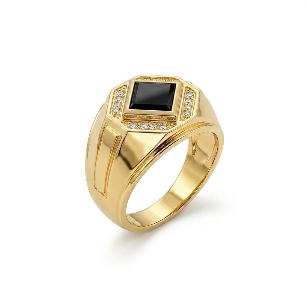 A luxurious gold men's ring, featuring a royal black stone surrounded by sparkling zircon stones, a design that combines prestige and modern elegance to suit your distinctive presence.