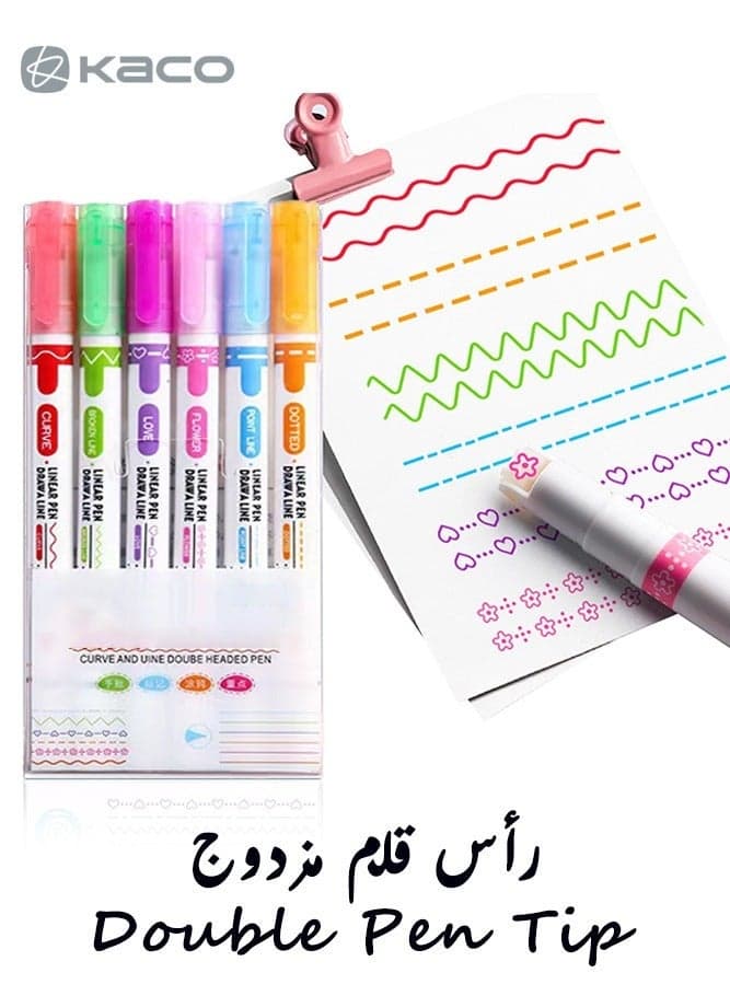 6 Pack Wavy Outline Markers with Fluorescent Ink, Double Head Flower Curve Highlighter Pens for Journaling and Hand Lettering, Assorted Colors for School Office Crafting