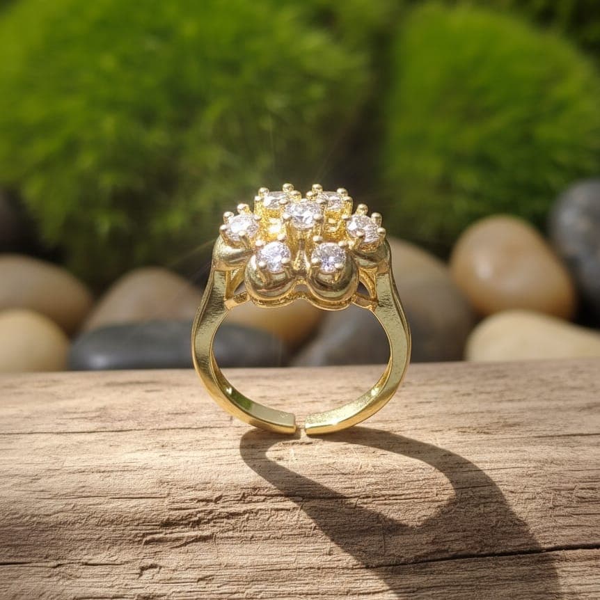 A luxurious gold ring with an elegant flower design, studded with sparkling zircon stones, an open design to ensure a fit for all sizes. Women's Rings (4)