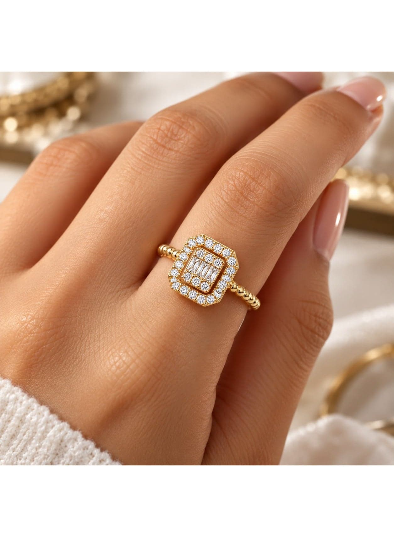 Adjustable Gold-Tone Stainless Steel Ring with Rectangular-Cut Center Stone Surrounded by a Halo of Smaller Round Stones, Elegant Fashion Ring for Women Women's Rings